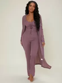 Ruched Bust Solid Lounge Set Outfit - Mauve Purple - View 3