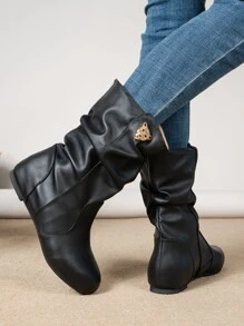 豹紋頭部裝飾一腳蹬褶皺靴 - 黑色 - 查看 7