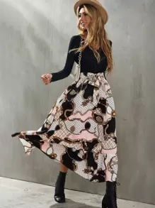 SHEIN Clasi 幾何和錬條圖案腰帶假兩件連衣裙 - 彩色 - 查看 4