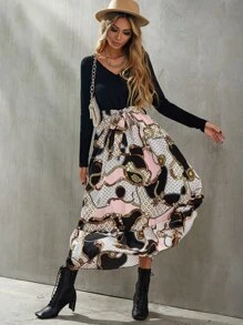 SHEIN Clasi 幾何和錬條圖案腰帶假兩件連衣裙 - 彩色 - 查看 6