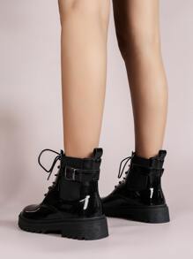 Buckle Decor Lace-up Front Chelsea Boots - Black - View 2