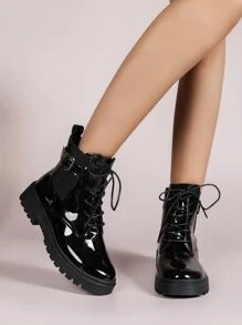 Buckle Decor Lace-up Front Chelsea Boots - Black - View 3