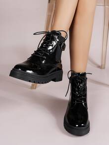 Buckle Decor Lace-up Front Chelsea Boots - Black - View 4