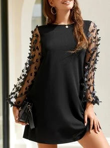 SHEIN Clasi Đầm lưới chắp vá họa tiết bướm 3D thời trang đi làm cho nữ - màu đen - Xem 4