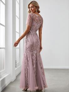 EVERPRETTY Sequin Insert Plant Embroidered Mermaid Hem Mesh Formal Dress - Dusty Purple - View 2