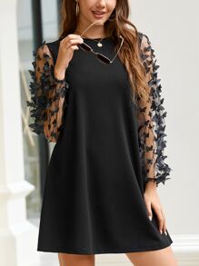 SHEIN Clasi Đầm lưới chắp vá họa tiết bướm 3D thời trang đi làm cho nữ - màu đen - Xem 5