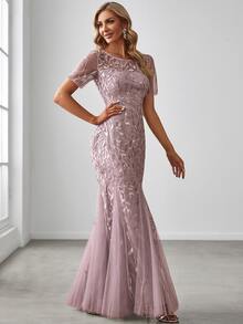 EVERPRETTY Sequin Insert Plant Embroidered Mermaid Hem Mesh Formal Dress - Dusty Purple - View 4
