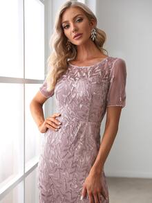 EVERPRETTY Sequin Insert Plant Embroidered Mermaid Hem Mesh Formal Dress - Dusty Purple - View 5