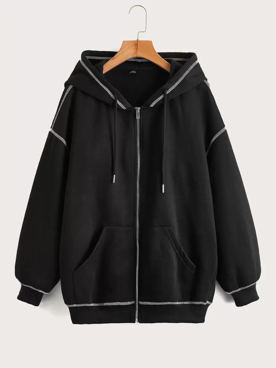 SHEIN EZwear 秋冬落肩撞色缝线拉链连帽衫 - 黑色 - 查看 1