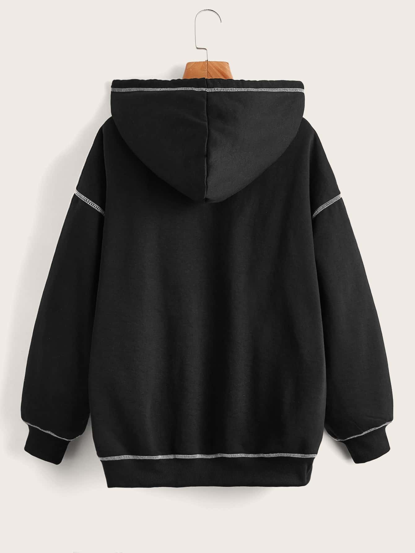 SHEIN EZwear Plus Size Top-Stitching Drop Shoulder Zip Up Drawstring Sweatshirt Winter Fall Autumn - Black - View 2