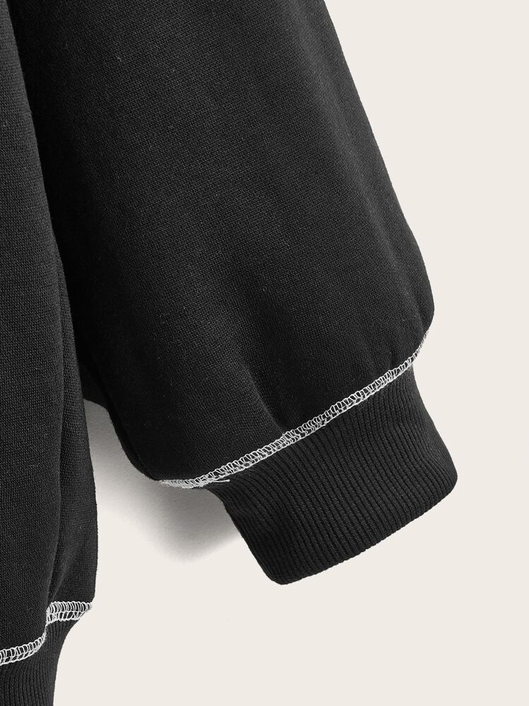 SHEIN EZwear Plus Size Top-Stitching Drop Shoulder Zip Up Drawstring Sweatshirt Winter Fall Autumn - Black - View 4