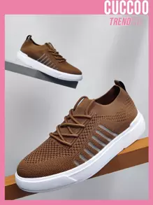 Cuccoo Striped Knit Lace-up Front Sneakers - Brown - View 1