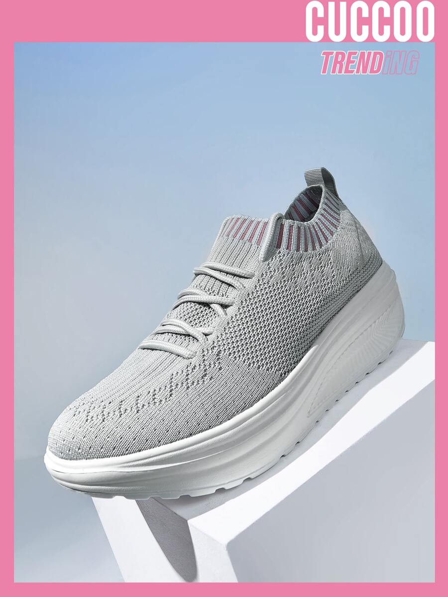 Cuccoo 拼接邊繫帶裝飾針織搖擺鞋 - 灰色 - 查看 1