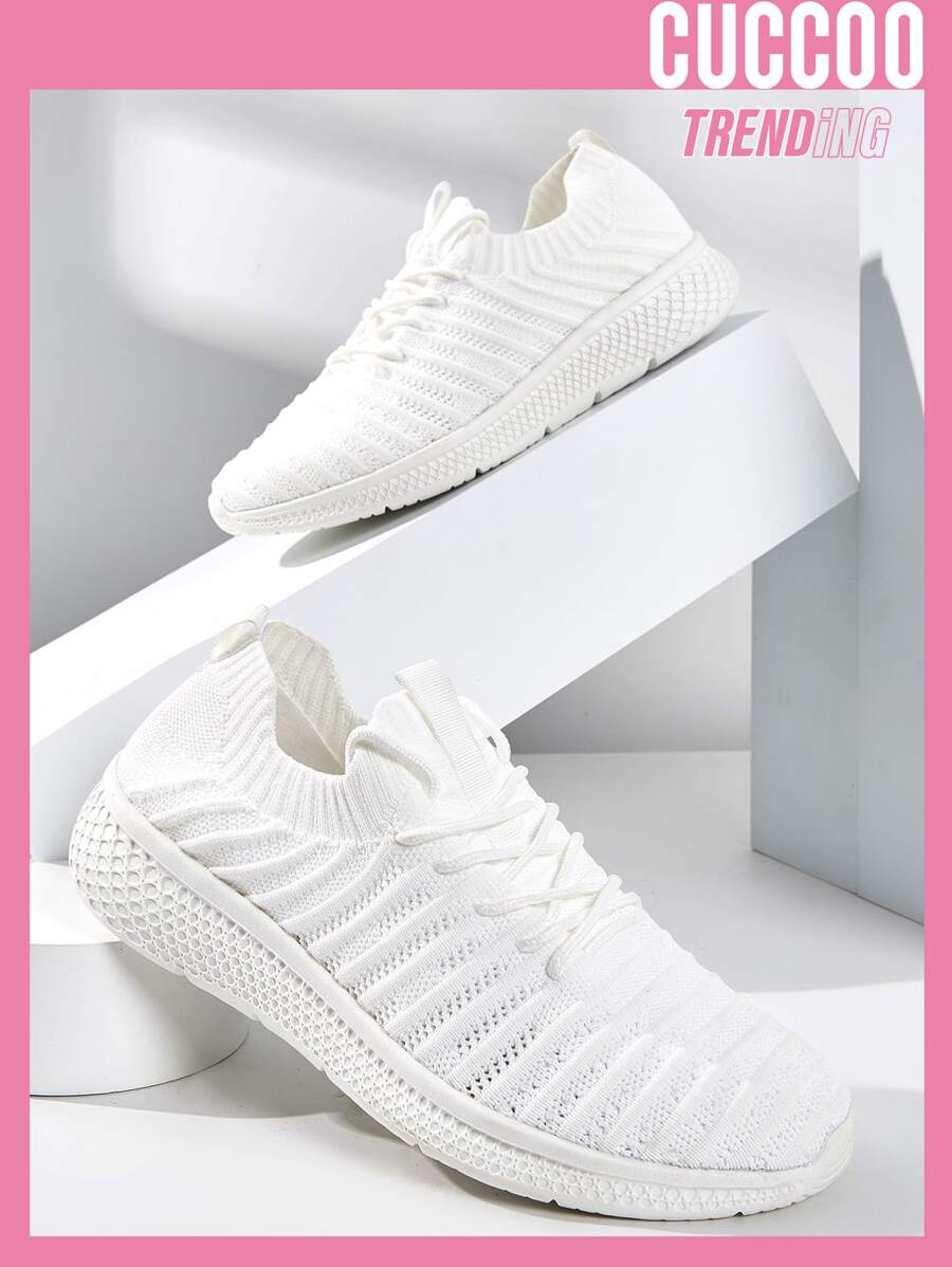 Cuccoo Knit Detail Textured Running Shoes - White - View 1
