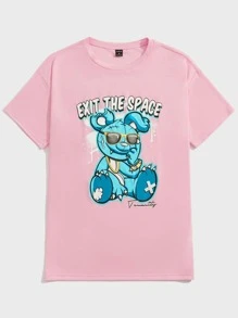 Manfinity VCAY 超大码男式卡通及口号图案 T 恤 - 淺粉色 - 查看 1