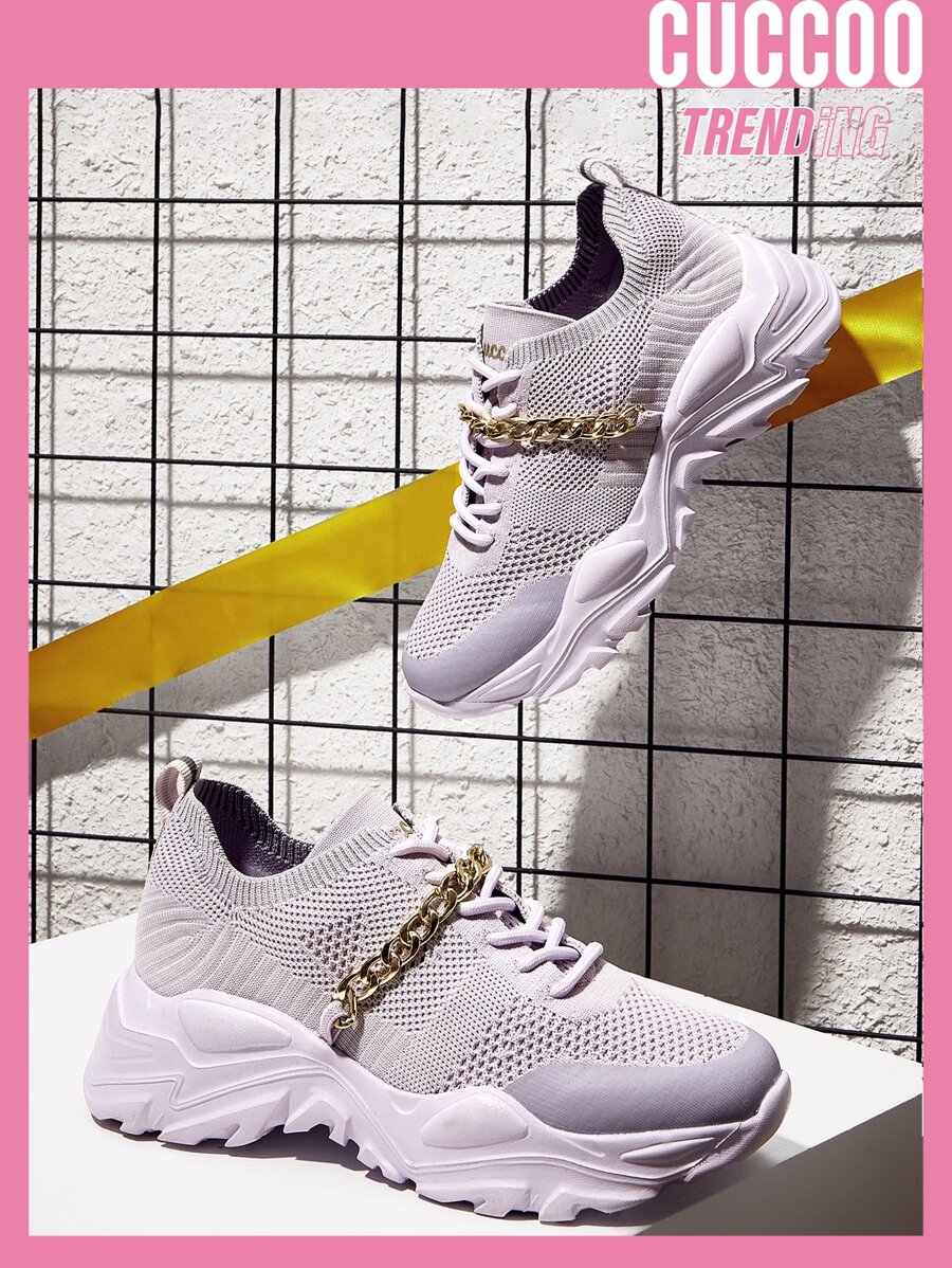 CUCCOO BASICS 鏈條裝飾前綁帶針織老爹鞋 - 紫色 - 查看 1