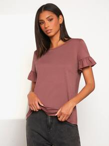 SHEIN LUNE Camiseta unicolor de manga con volante - Color caoba - Ver 1