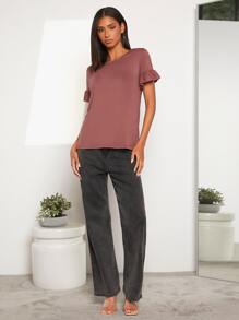 SHEIN LUNE Camiseta unicolor de manga con volante - Color caoba - Ver 3