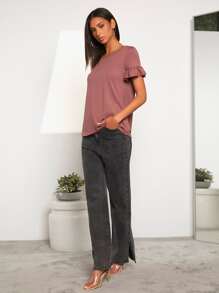 SHEIN LUNE Camiseta unicolor de manga con volante - Color caoba - Ver 4