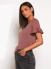 SHEIN LUNE Camiseta unicolor de manga con volante - Color caoba - Ver 5