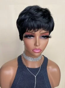 Pelucas sintéticas resistentes al calor, peluca negra ondulada Natural corta con flequillo, cabello Natural diario de 6 pulgadas para mujeres - Negro - Ver 6
