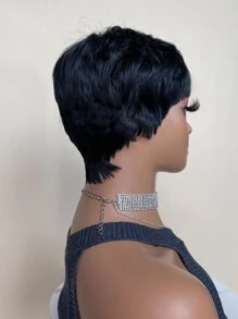 Pelucas sintéticas resistentes al calor, peluca negra ondulada Natural corta con flequillo, cabello Natural diario de 6 pulgadas para mujeres - Negro - Ver 7