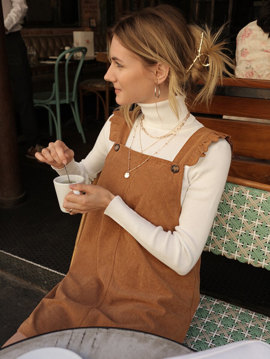 SHEIN Frenchy Vestido overol ribete con fruncido sin camiseta - Caqui - Ver 1