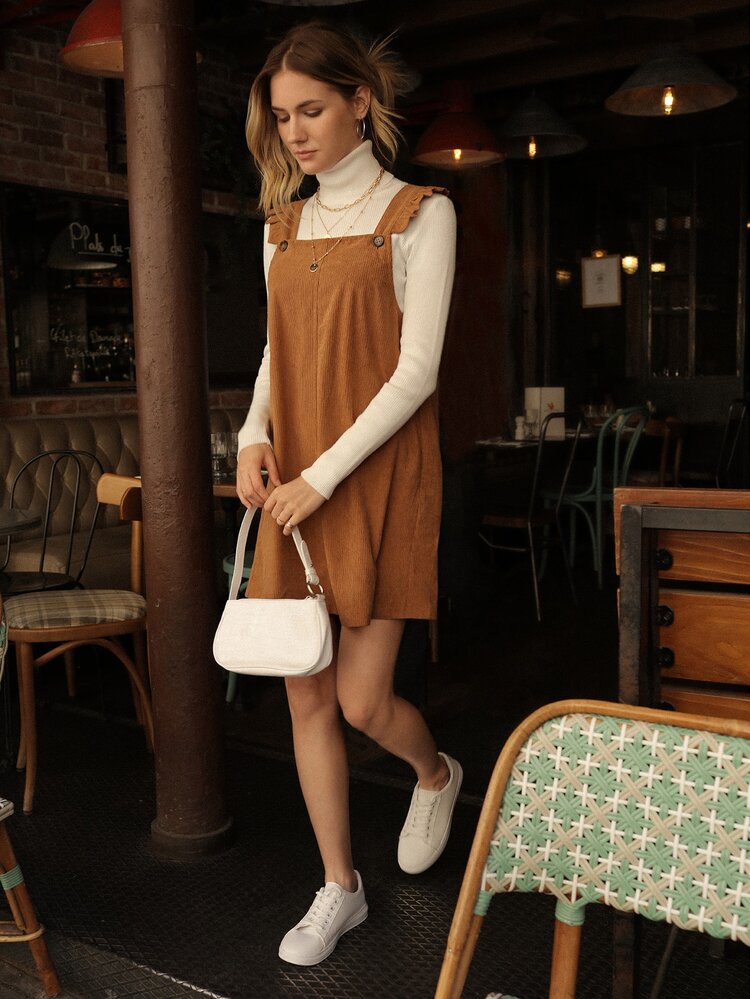 SHEIN Frenchy Ruffle Trim Overall Dress Without Tee - Khaki - View 4