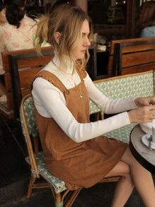 SHEIN Frenchy Vestido overol ribete con fruncido sin camiseta - Caqui - Ver 5