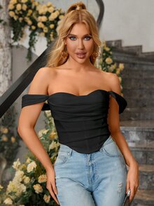 PARTHEA Off Shoulder Ruched Corset Top - Black - View 6