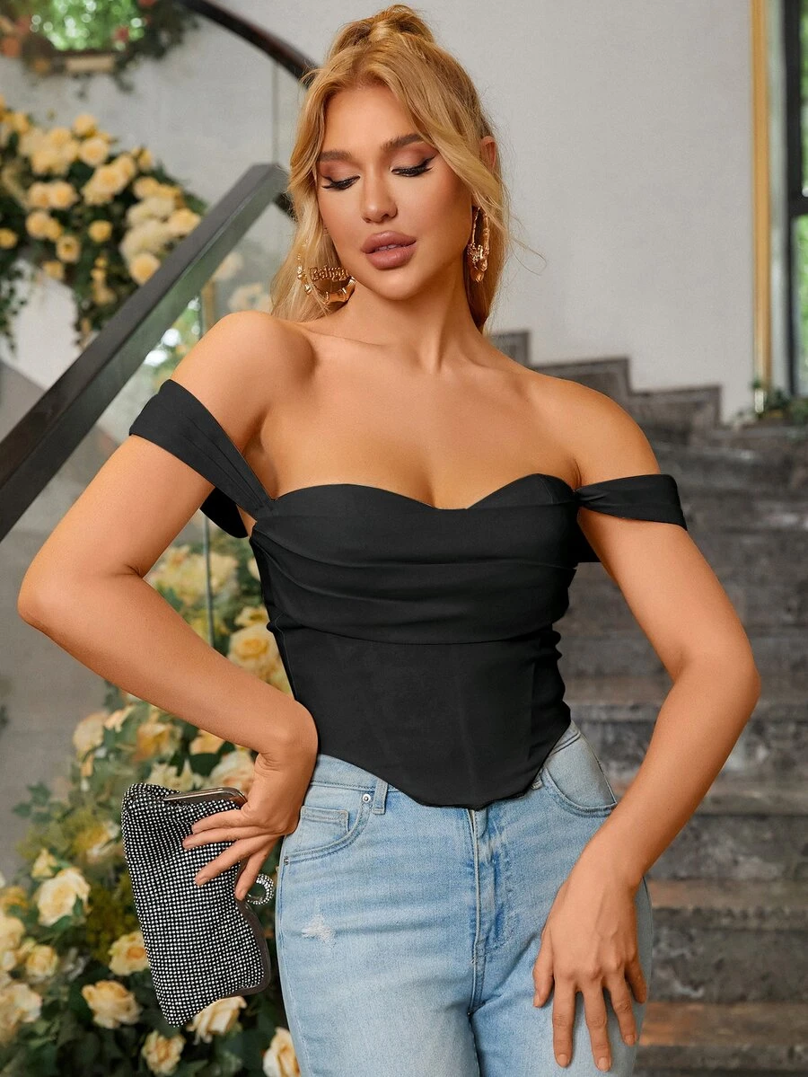 PARTHEA Off Shoulder Ruched Corset Top - Black - View 1