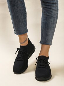 Zapatos para correr de carretera negros para mujer, zapatos deportivos con diseño simple de amarre - Negro - Ver 2