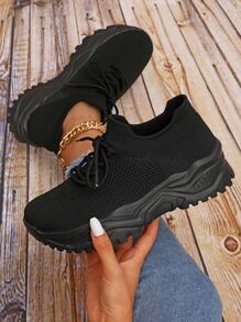 Minimalist Lace-up Front Chunky Sneakers - Black - View 1