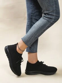 Zapatos para correr de carretera negros para mujer, zapatos deportivos con diseño simple de amarre - Negro - Ver 3