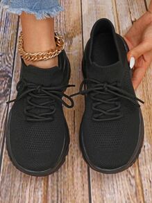 Minimalist Lace-up Front Chunky Sneakers - Black - View 4