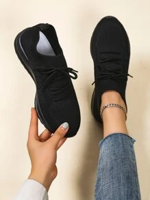 Zapatos para correr de carretera negros para mujer, zapatos deportivos con diseño simple de amarre - Negro - Ver 4