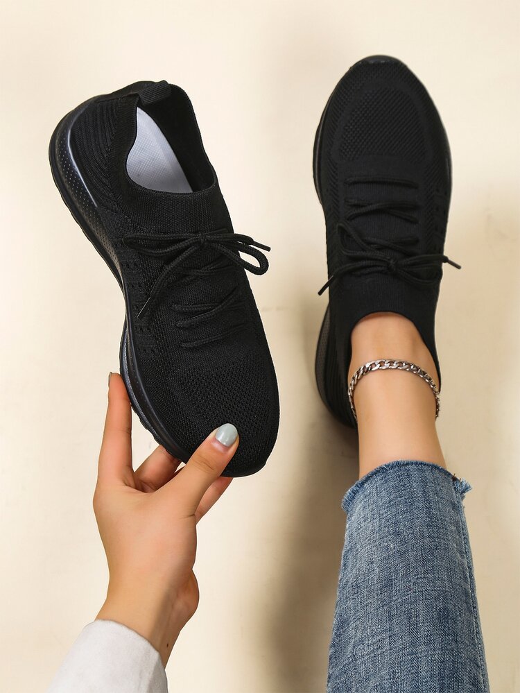 Zapatos para correr de carretera negros para mujer, zapatos deportivos con diseño simple de amarre - Negro - Añade 4