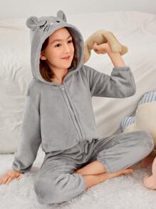 Girls Cartoon Embroidered 3D Ears Design Hooded Flannel Sleep Jumpsuit - Grey - View 5