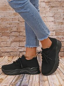 Minimalist Lace-up Front Chunky Sneakers - Black - View 5