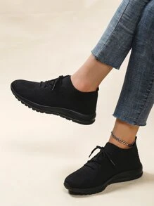 Zapatos para correr de carretera negros para mujer, zapatos deportivos con diseño simple de amarre - Negro - Ver 5