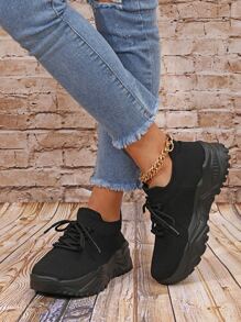 Minimalist Lace-up Front Chunky Sneakers - Black - View 6