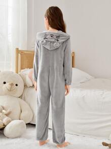 Girls Cartoon Embroidered 3D Ears Design Hooded Flannel Sleep Jumpsuit - Grey - View 2