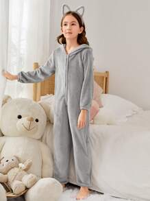 Girls Cartoon Embroidered 3D Ears Design Hooded Flannel Sleep Jumpsuit - Grey - View 3
