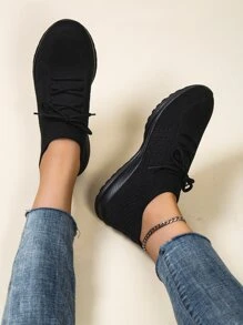 Zapatos para correr de carretera negros para mujer, zapatos deportivos con diseño simple de amarre - Negro - Ver 7