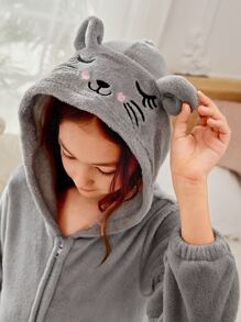 Girls Cartoon Embroidered 3D Ears Design Hooded Flannel Sleep Jumpsuit - Grey - View 4