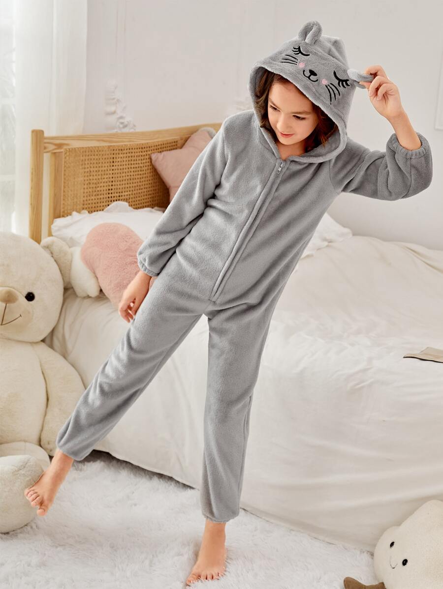 Girls Cartoon Embroidered 3D Ears Design Hooded Flannel Sleep Jumpsuit - Grey - View 1