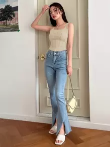 DAZY Chất rắn Gân đan Áo ba lỗ - Màu be - Xem 3