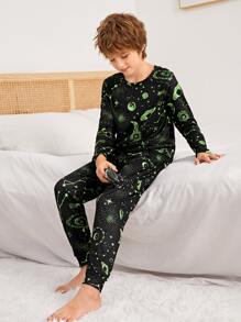 Tween Boys Space Planet Printed Pajama Set - Black - View 1