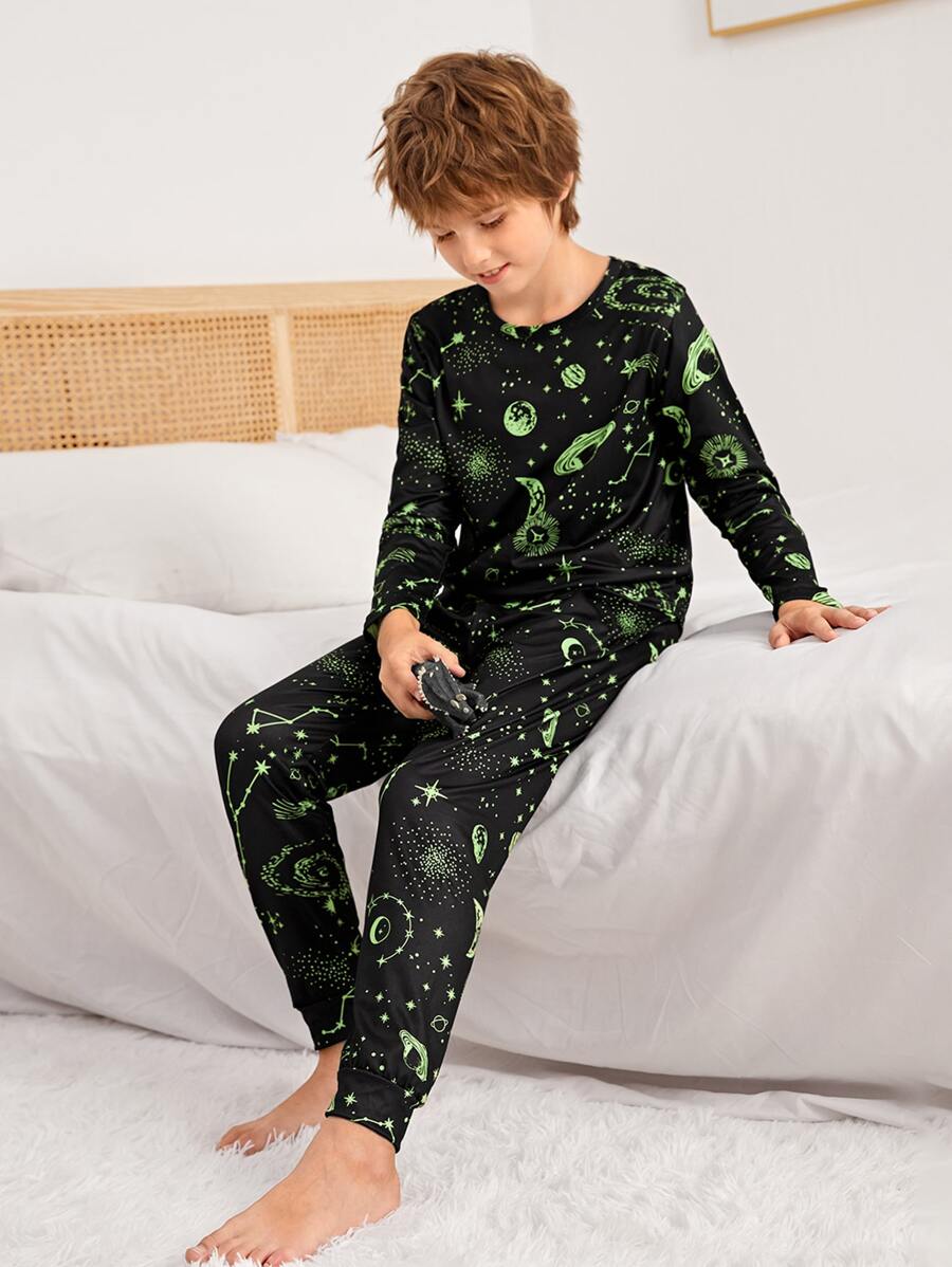 Tween Boys Space Planet Printed Pajama Set - Black - View 1