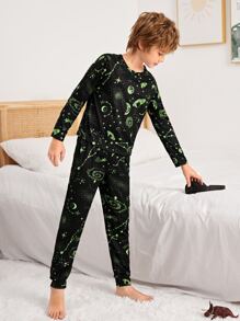 Tween Boys Space Planet Printed Pajama Set - Black - View 6
